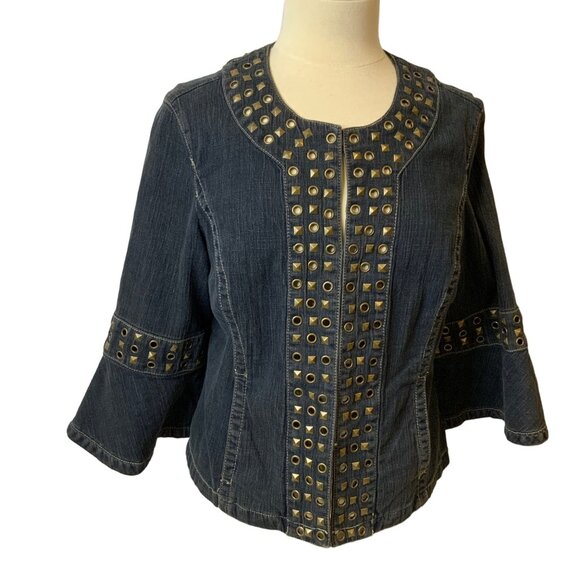 LaL live a little large (12)womens studded jean jacket, 3/4 bell ruffle sleeve h - Picture 1 of 7